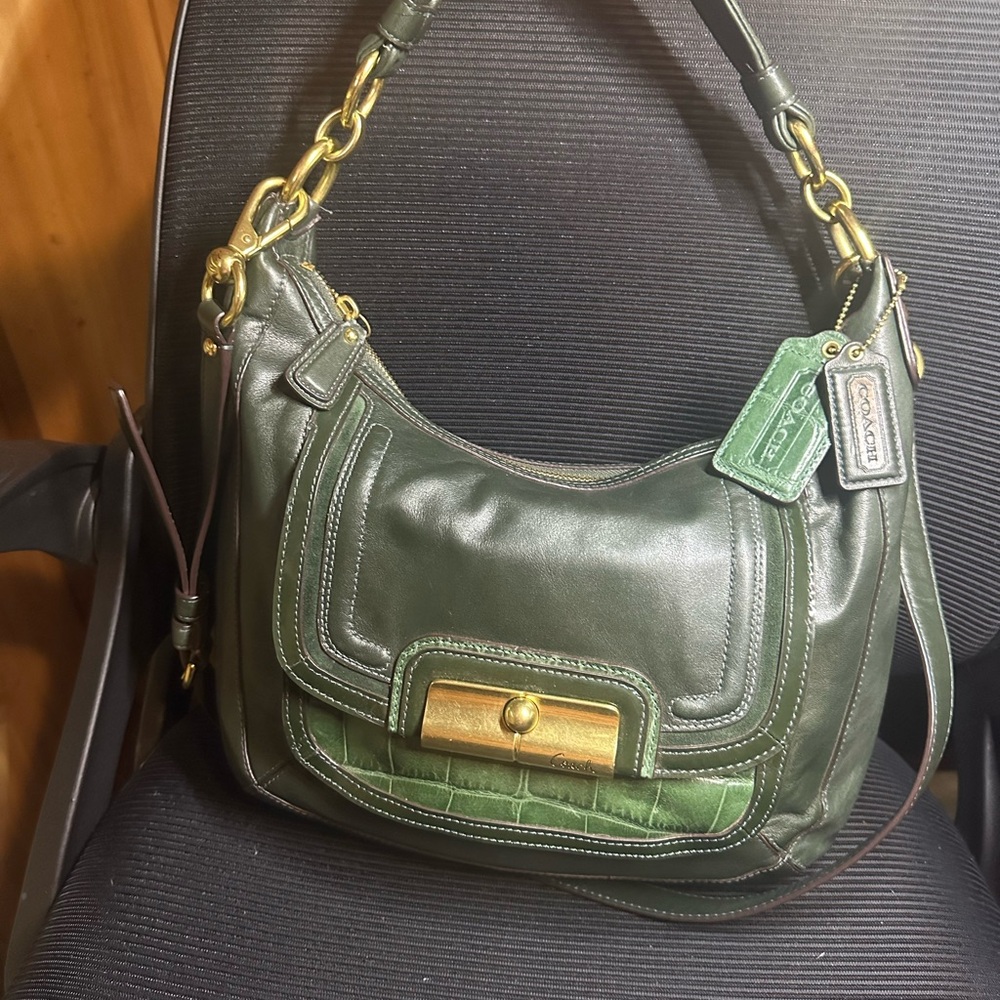 Coach Olive Green Leather Shoulder Bag with Gold Accents